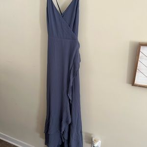 Blue Ruffle Crossback Full Length Dress